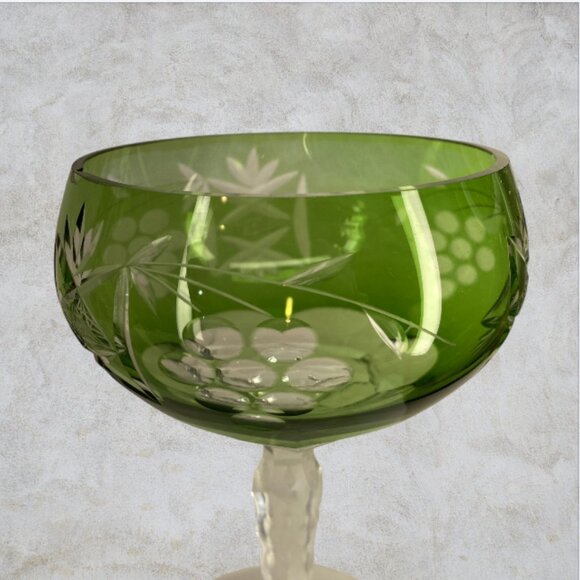 Champagne Coupes -- Green/Yellow Bohemian/Czech Cut-to-Clear Crystal, Set of 2 - Picture 6 of 6